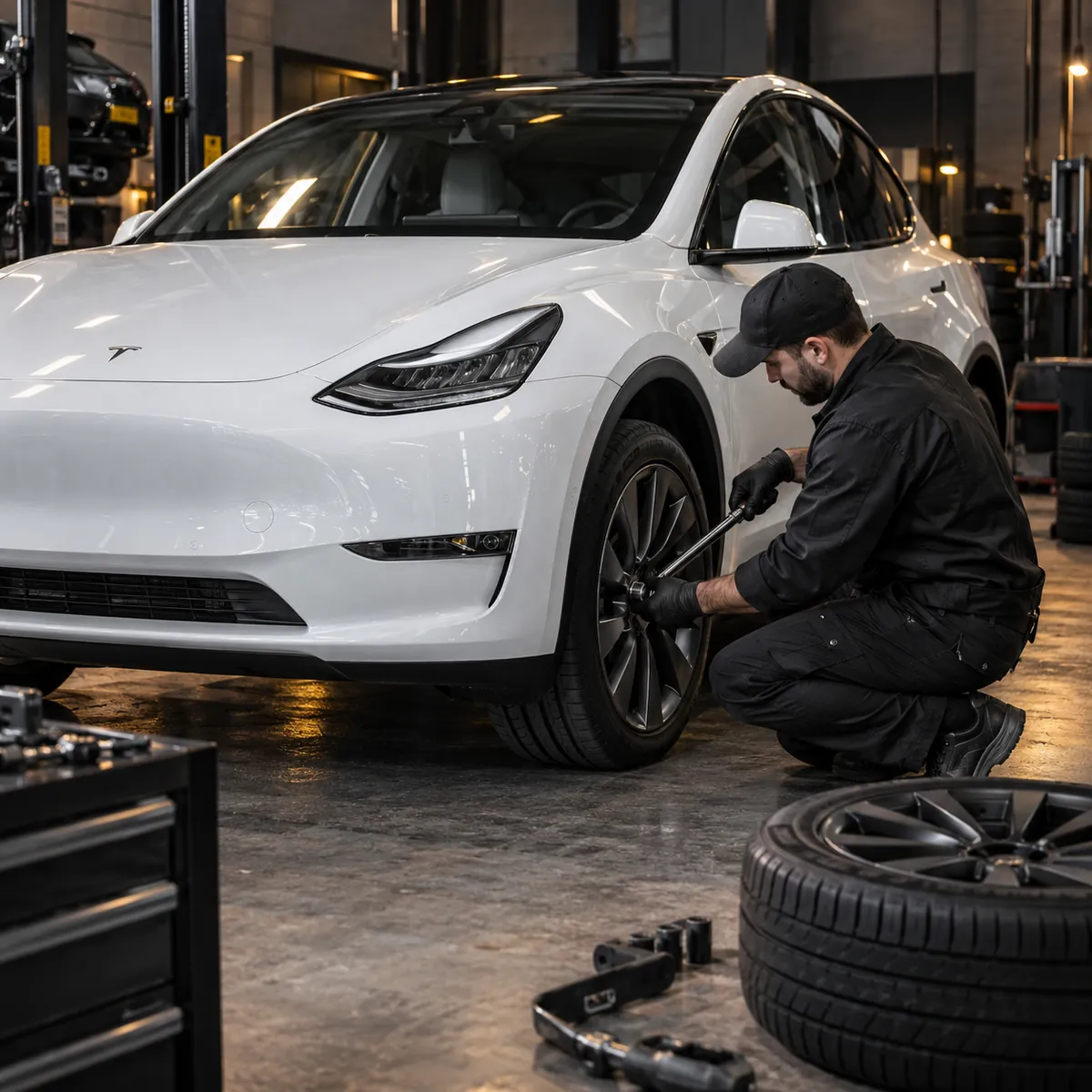 Illustration: a technician torquing a wheel on a white Tesla Model Y.